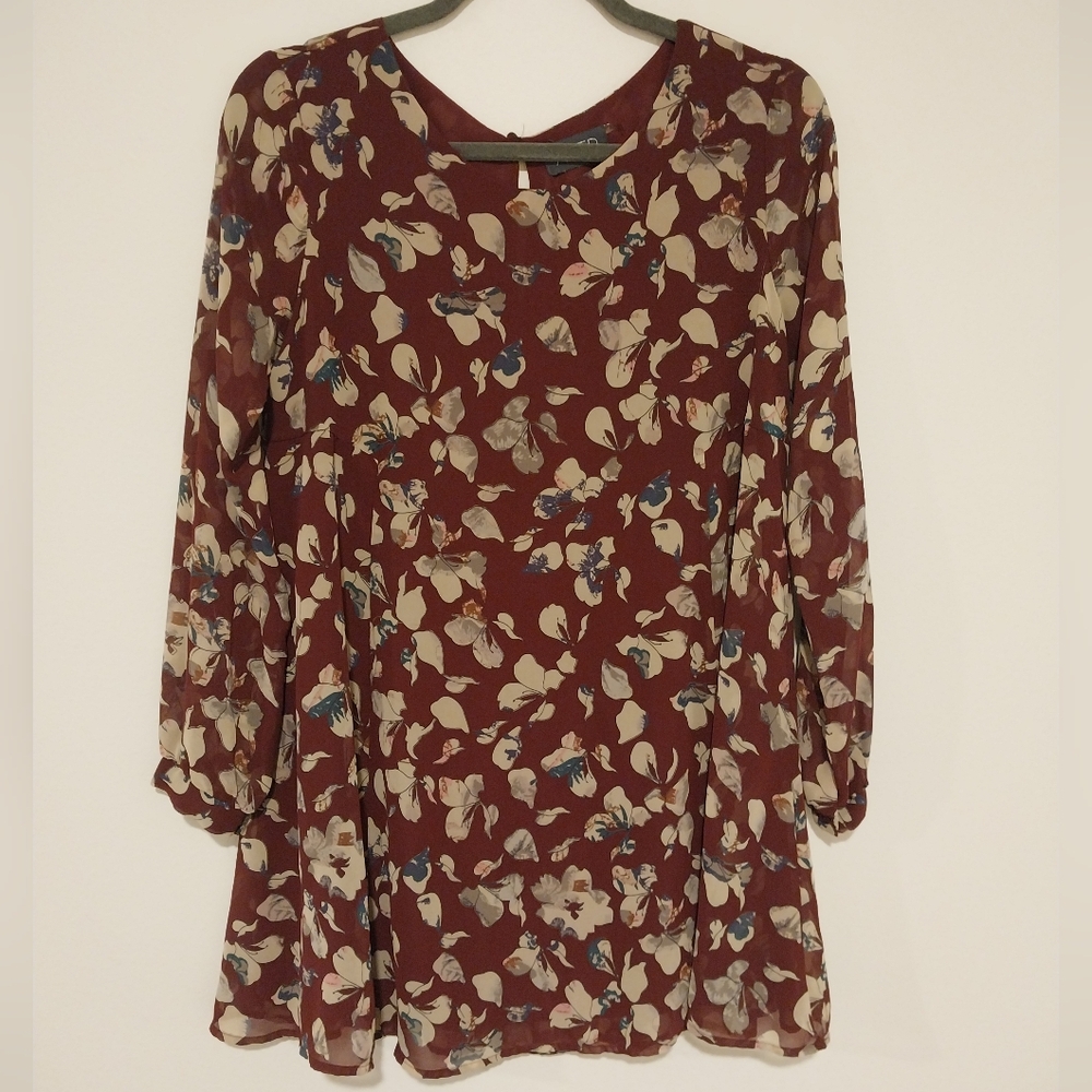 ASTR Burgundy and Cream Floral Long Sleeve Mini Babydoll Dress